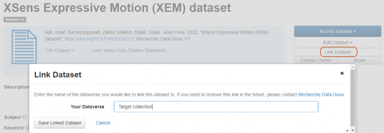 Interface for linking a dataverse